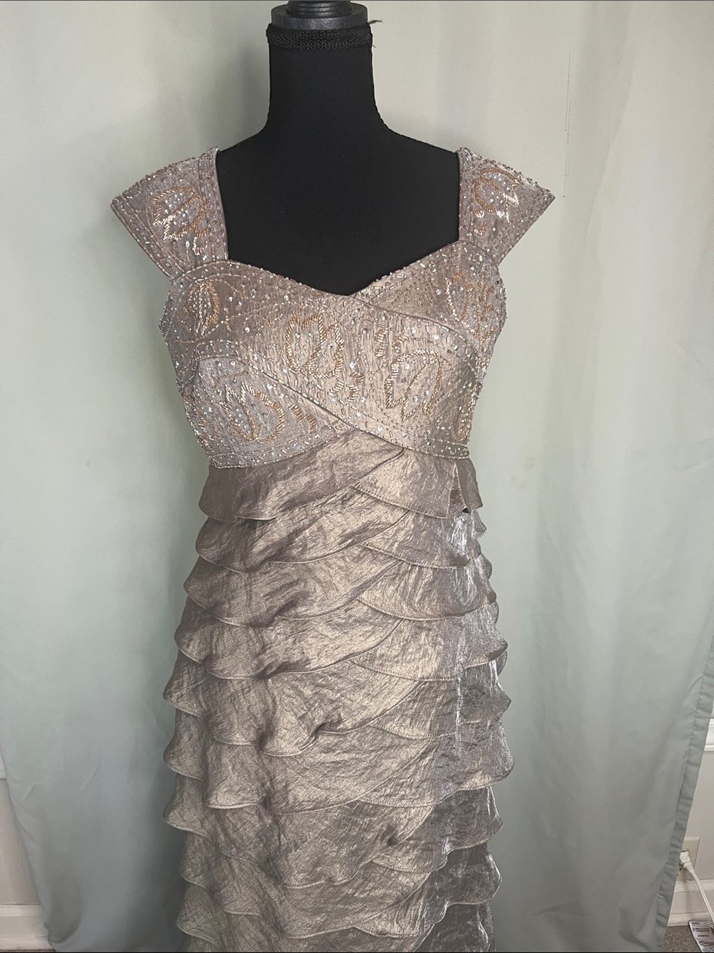 Ignite by Carol Lin Metallic Taupe Ruffle Midi Dress with Beaded Bodice
